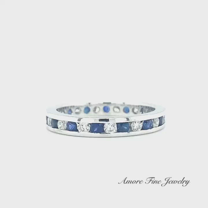 Sapphire & Diamond Channel Set Eternity Wedding Band or Anniversary Ring
