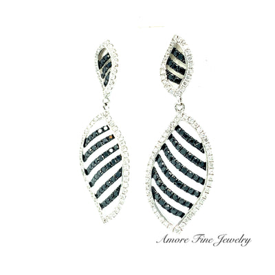 Cherie Dori Black & White Diamond Leaf Earrings In White Gold