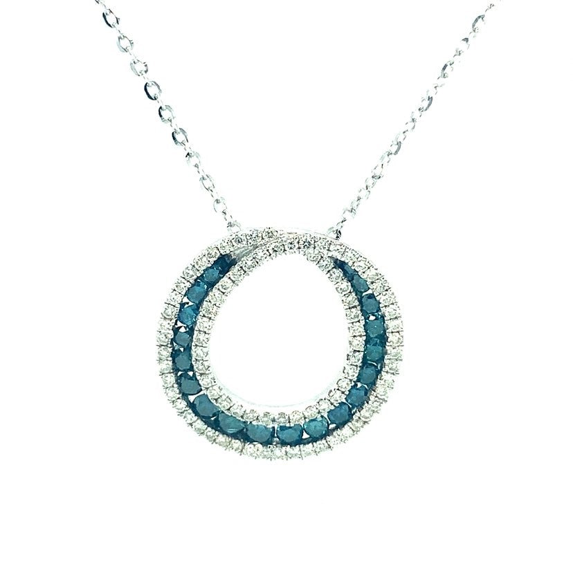 Teal Blue Diamond Circle Pendant In White Gold